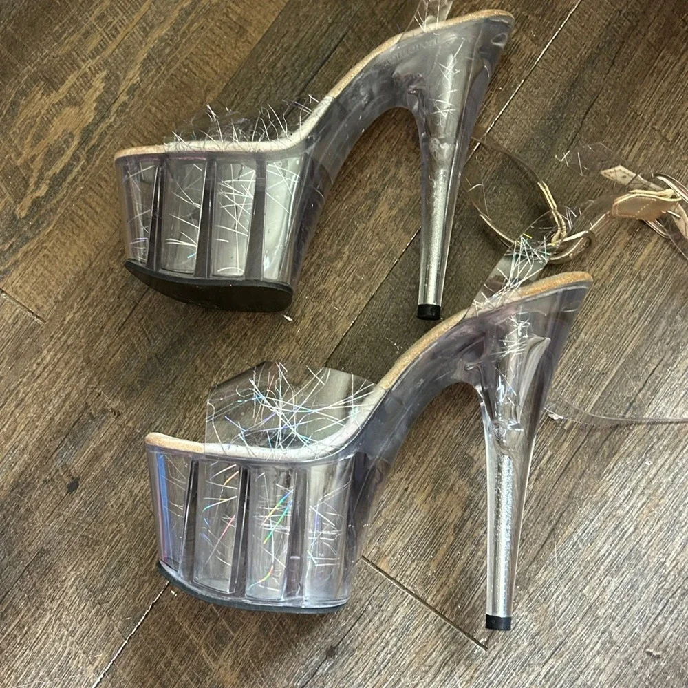 Dream's Clear Holographic Platform Sandals Ankle Strap Exotic Dance Heels Size 8